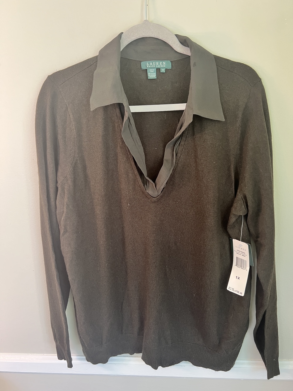 Ralph Lauren Women's Sweater Green Size 1X Silk Cashmere Blend Collared V-Neck